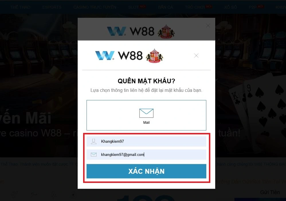 nhap thong tin lay lai mat khau w88club